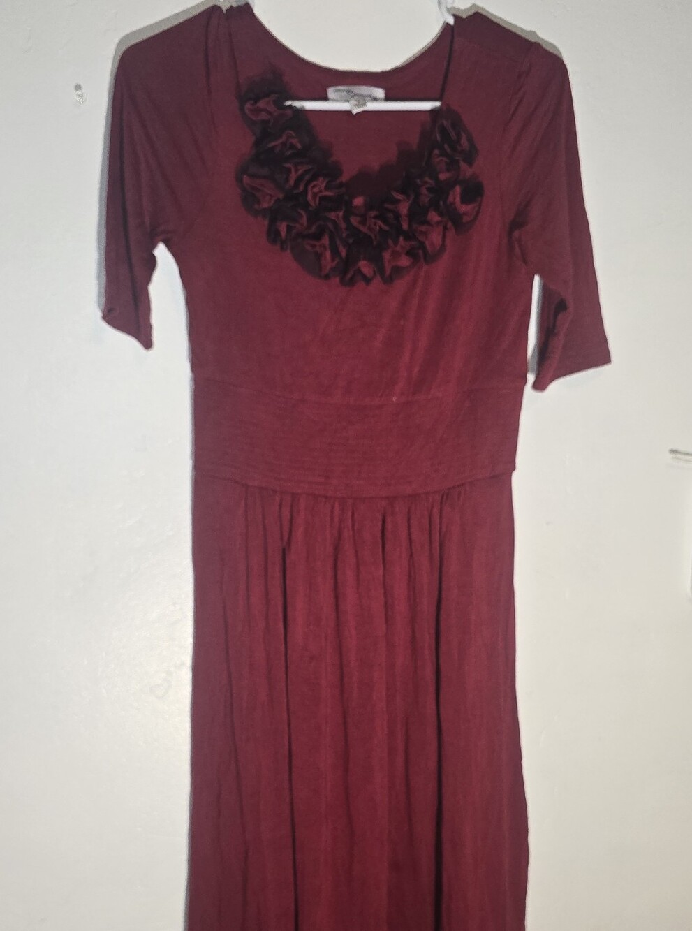 Women's Burgundy Maxi Dress with Ruffle Neckline